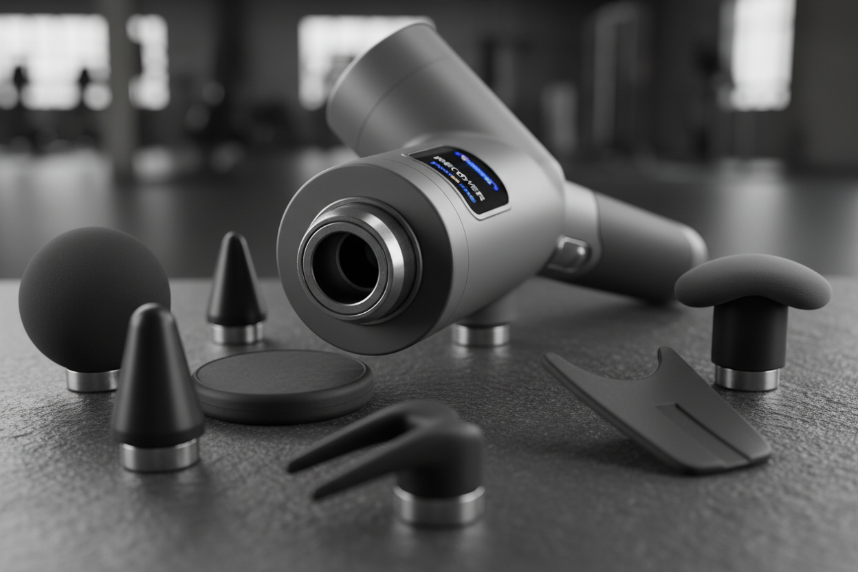 6 têtes massage détail"🔧 Gros plan 6 têtes massage différentes ronde plate bullet fourchette pelle spirale outils thérapie musculaire 💎"