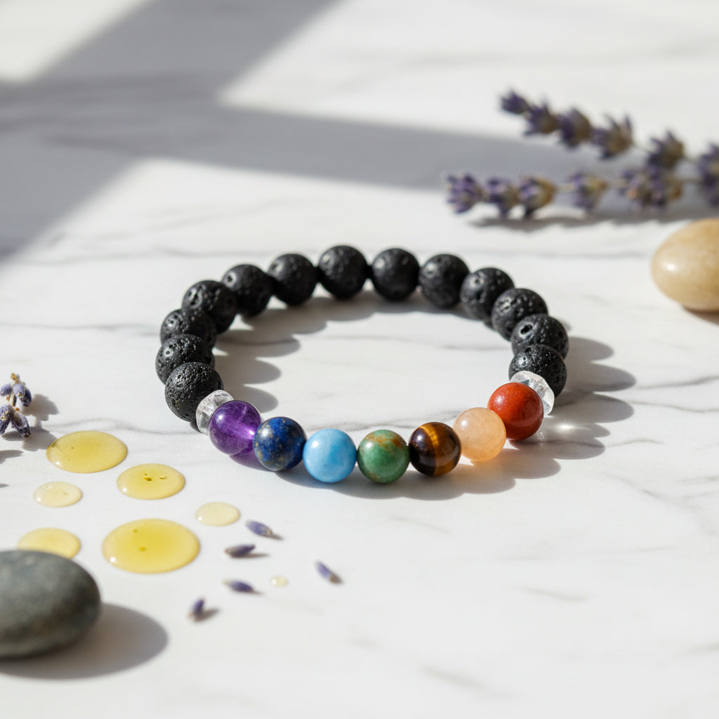💎🌈 Bracelet diffuseur aromathérapie chakras avec 7 pierres naturelles authentiques alignées (jaspe rouge, cornaline, citrine, aventurine verte, turquoise, lapis lazuli, améthyste) et perles de lave poreuses noires pour diffusion huiles essentielles - Bijou lithothérapie spirituel harmonisant énergies vitales et équilibrant les 7 chakras - Outil méditation yoga bien-être holistique qualité AAA 🧘‍♀️