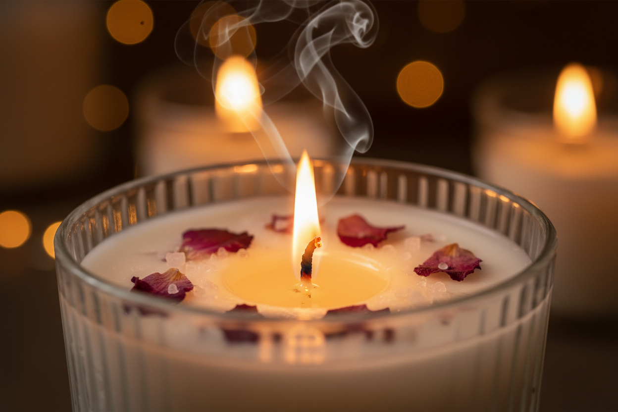 "🕯️ Gros plan bougie orchidée brûlant cire soja mèche coton flamme pot verre combustion propre lueur chaleureuse 🌸"