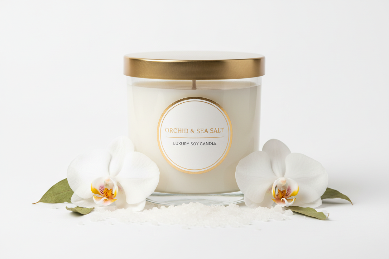🌸 Bougie parfumée orchidée sel marin cire soja pot verre élégant fleurs orchidées cristaux sel fond blanc 🕯️"