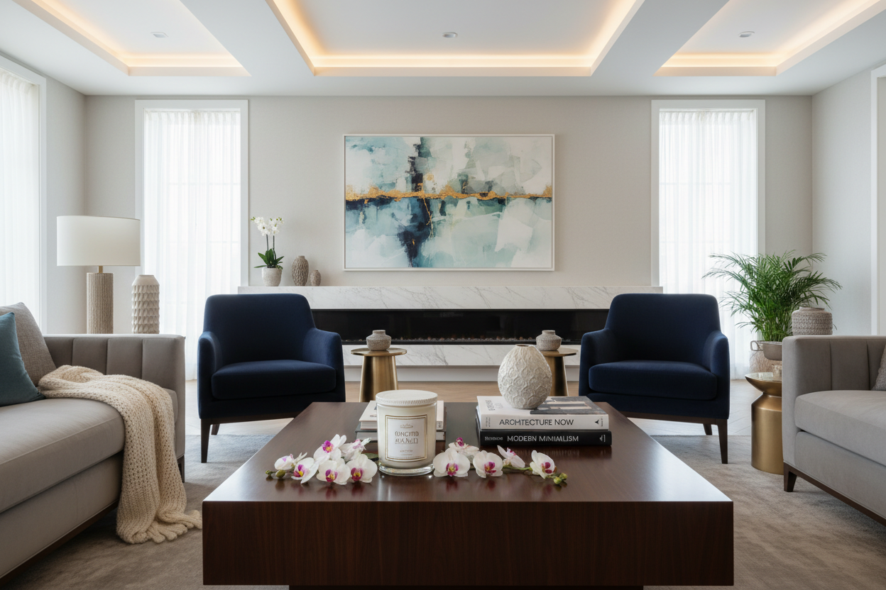 Bougie salon décoration 🏠 Salon élégant bougie orchidée sel marin table basse fleurs livres décoration intérieur luxe relaxation 🌸"