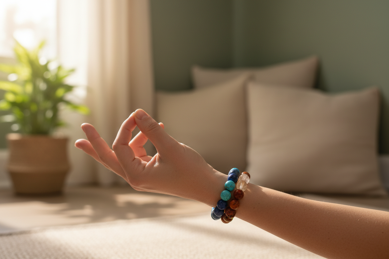 🧘‍♀️🙏 Poignet élégant portant bracelet chakras pierres naturelles colorées et perles de lave, main en mudra paisible geste méditation yoga, lumière matinale douce tons verts apaisants et neutres - Moment spirituel pleine conscience alignement énergétique des 7 chakras pour harmonie corps-esprit, pratique bien-être holistique quotidienne, sérénité et élévation vibratoire 💜