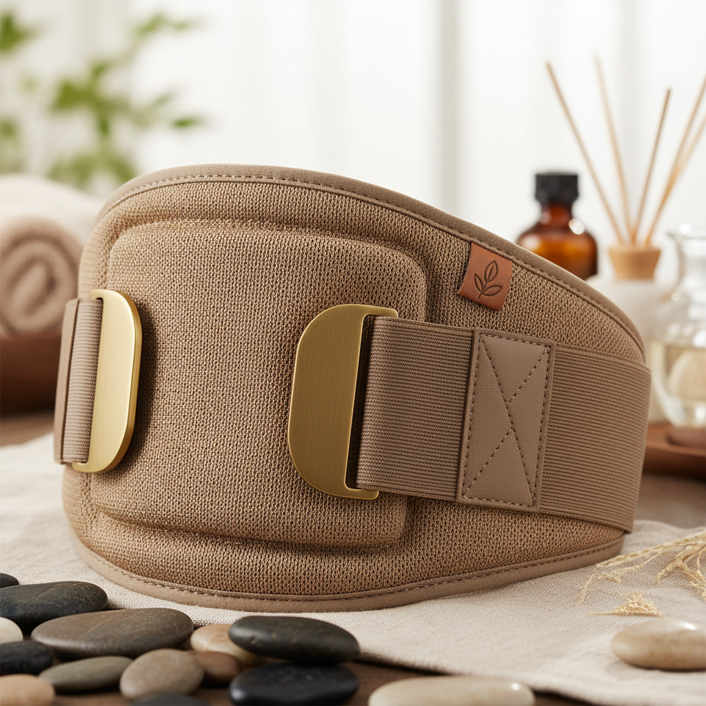 Ceinture de soutien lombaire - détails matériaux 🔍 Gros plan sur les matériaux premium de la ceinture : tissu respirant haute qualité, sangles ajustables renforcées et système de fermeture sécurisé - Détails de fabrication soignés garantissant durabilité et efficacité thérapeutique - Conception