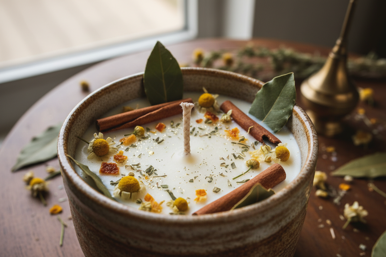 Détail Bougie ArtisanaleDétail artisanal : "🕯️ Gros plan macro bougie abondance artisanale coulée main montrant texture cire soja naturelle mèche coton flamme herbes séchées fleurs intégrées qualité premium artisanat lueur chaleureuse dorée ✨"