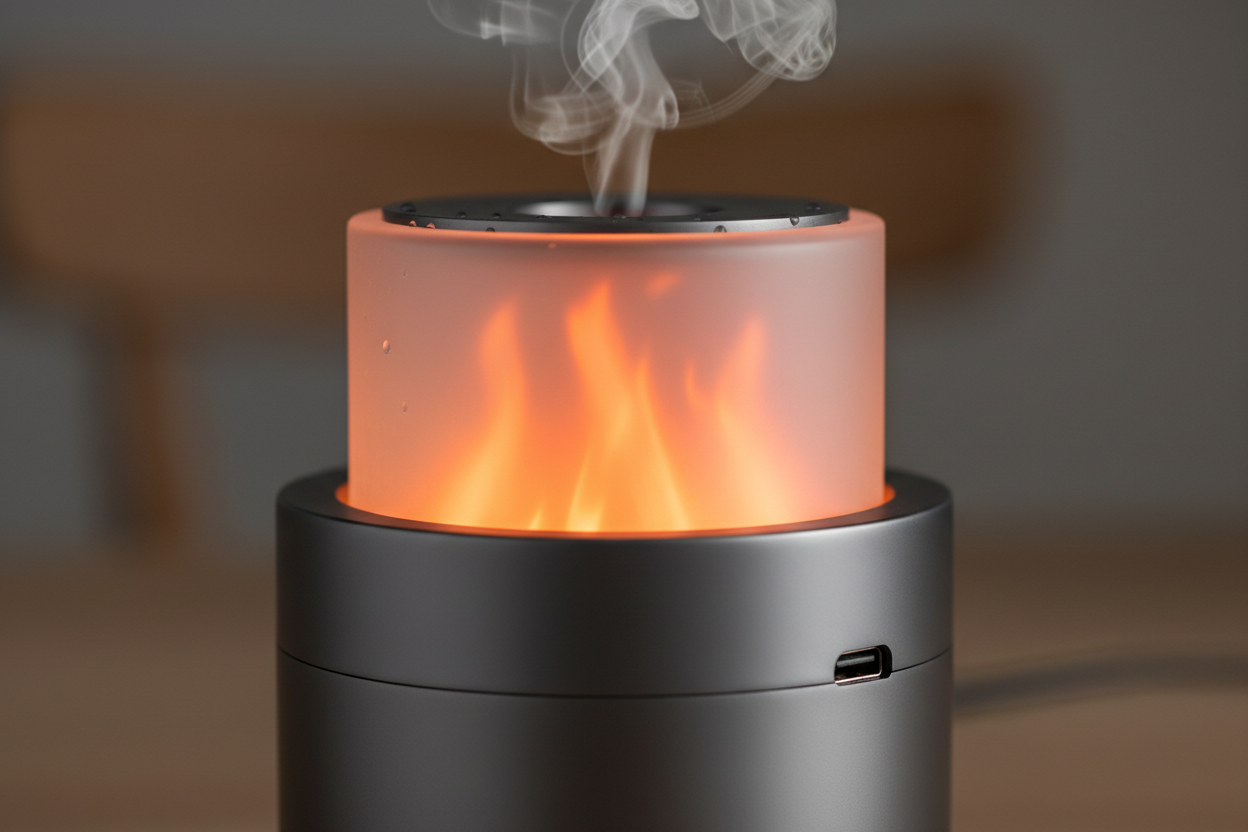 Détail flamme LED Détail technologie  "🔥 Gros plan macro diffuseur montrant technologie simulation flamme LED réaliste brume ultrasonique sortie USB design moderne qualité premium visible 💎"

