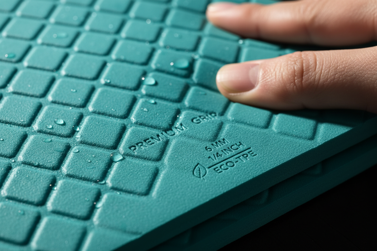 Détail surface antidérapante🔍 Gros plan surface tapis yoga montrant texture antidérapante épaisseur 6mm matériau TPE qualité premium 💎"