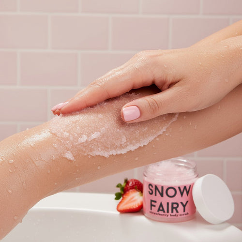  "Femme appliquant gommage corporel exfoliant à la fraise Snow Fairy sur son bras dans une salle de bain lumineuse"