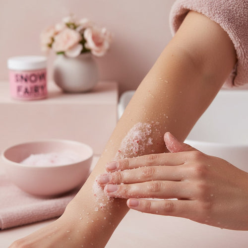  "Femme appliquant gommage corporel exfoliant à la fraise Snow Fairy sur son bras dans une salle de bain lumineuse"