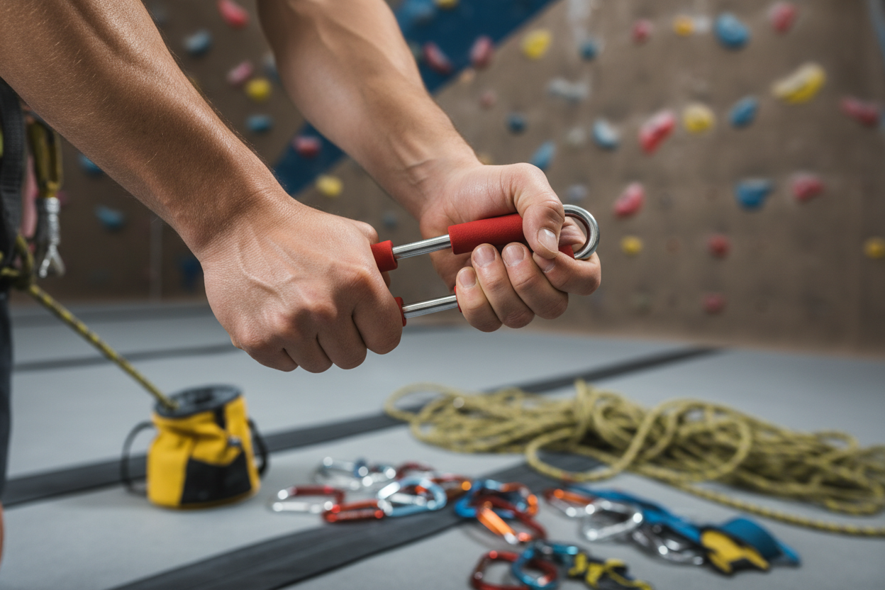 Extenseur doigts escalade"🧗 Grimpeur athlète entraînant force doigts avec extenseur résistance performance escalade sport 💪"