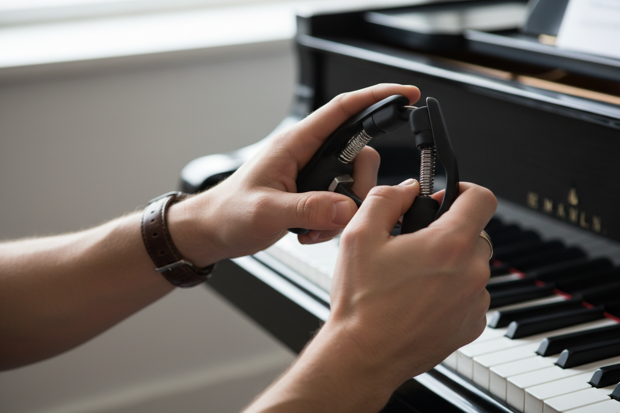 Extenseur doigts musicien"🎹 Musicien pianiste entraînant doigts avec extenseur résistance pour agilité performance musicale 🎵"

