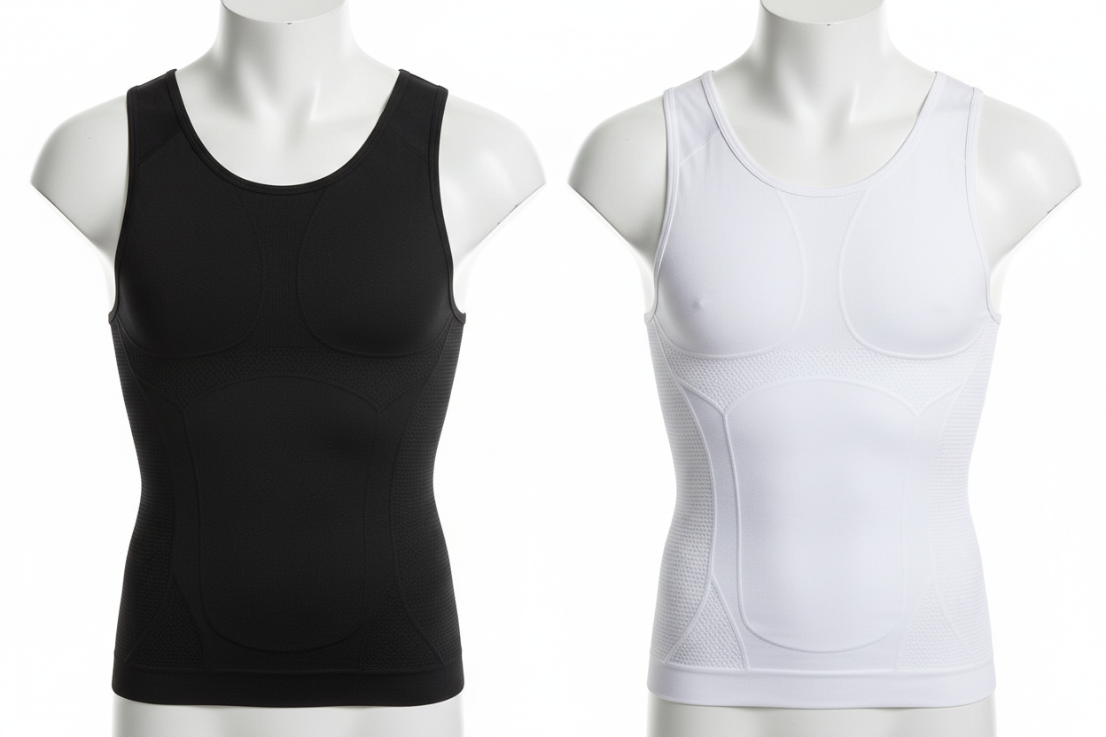 Gilet sculptant homme noir blanc"👔 Gilet sculptant compression homme noir blanc sur mannequin design sans coutures panneaux raffermissants 💪"