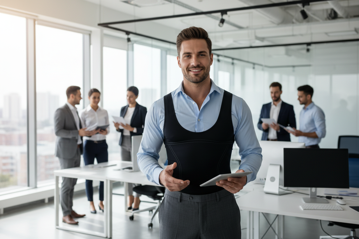 "💼 Homme portant gilet sculptant noir sous chemise bureau posture confiante silhouette affinée professionnel ✨"