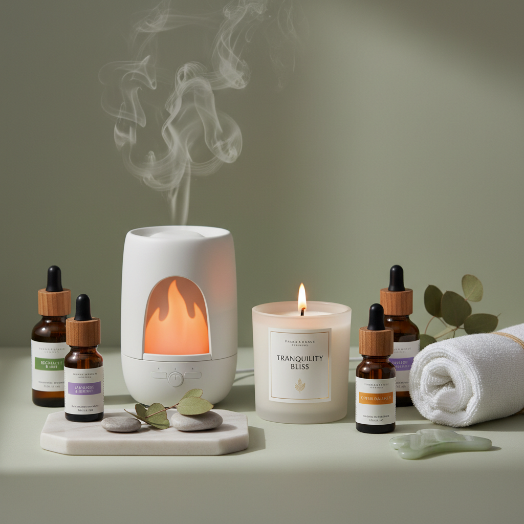 Un diffuseur LED effet flamme élégant à côté d'une bougie d'intention en soja, dans une ambiance spa-luxe avec des tons neutres et verts apaisants, éclairage naturel doux et effet brume subtil - parfait pour votre positionnement premium.