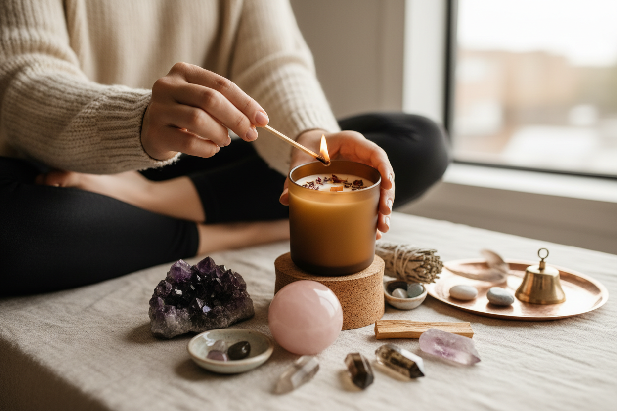 Mains allumant délicatement bougie d'intention bio en soja lors de rituel de méditation et manifestation"