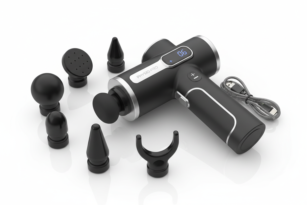 Masseur musculaire 6 vitesses💪 Masseur musculaire percussion électrique 6 vitesses avec têtes massage interchangeables fond blanc équipement récupération ⚡"