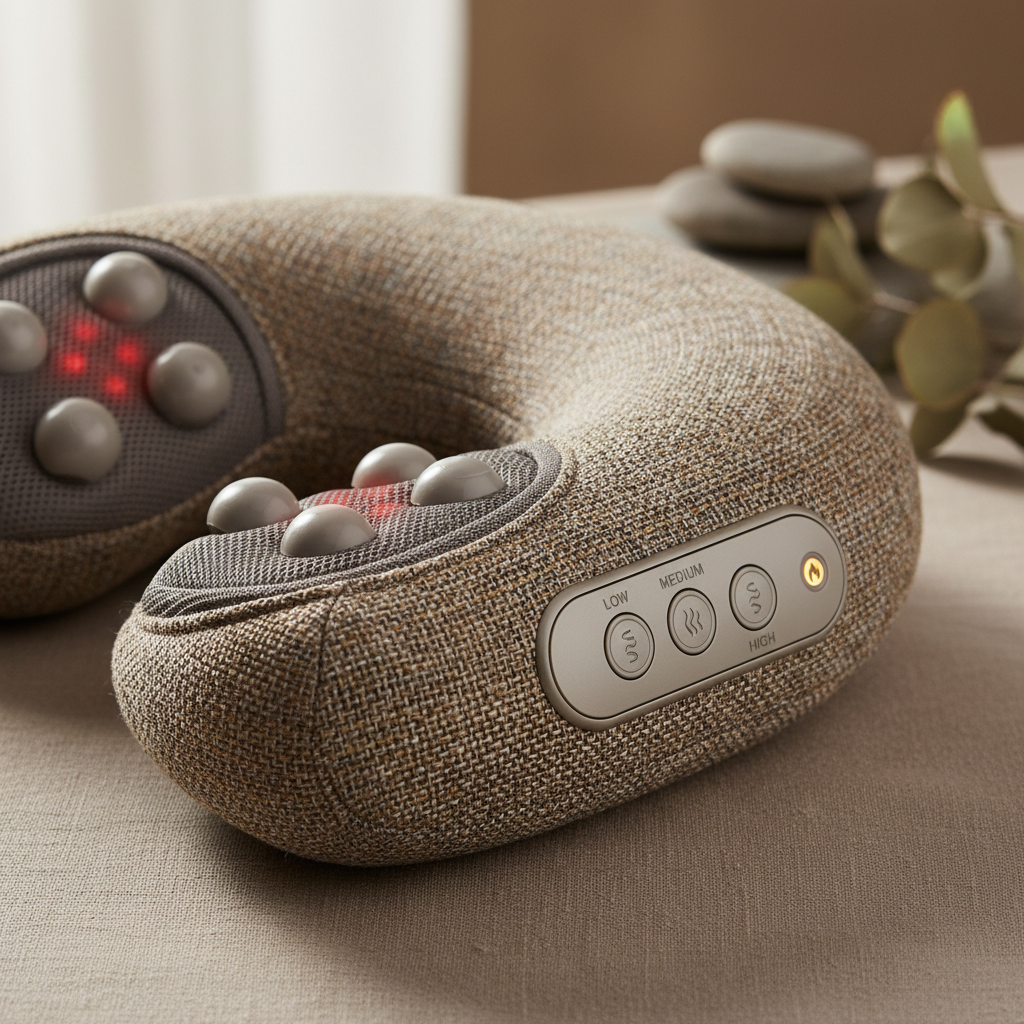 Masseur Shiatsu en U - détails techniques🔍 Gros plan sur les 8 rouleaux de massage 3D rotatifs, panneau de contrôle avec boutons pour 3 niveaux d'intensité et fonction chaleur infrarouge du masseur Shiatsu - Matériaux premium respirants et fabrication soignée garantissant confort optimal et efficacité thérapeutique maximale - Technologie de massage avancée imitant les mains d'un masseur professionnel pour cibler précisément les points de tension 🌿💎

