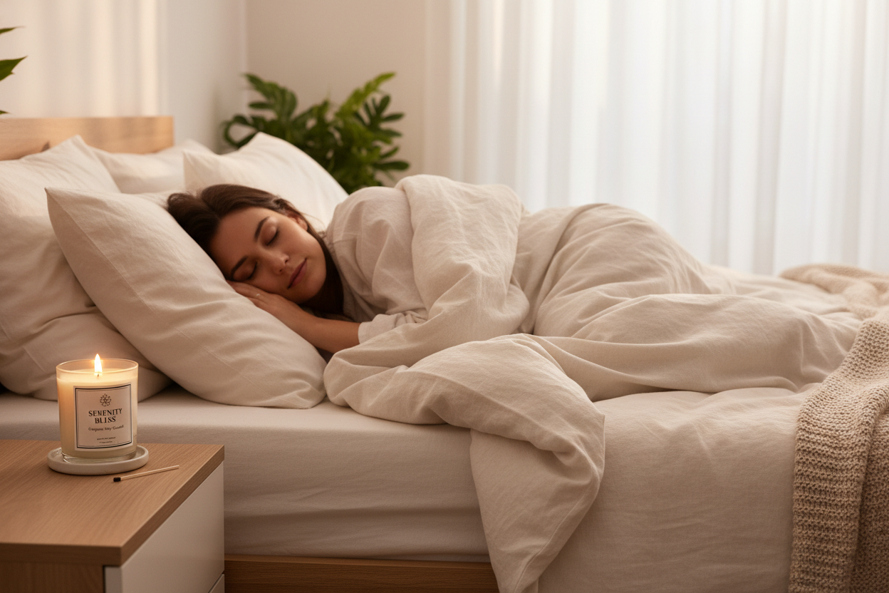 Personne dormant paisiblement avec bougie d'intention sur table de chevet créant ambiance relaxante pour sommeil réparateur"