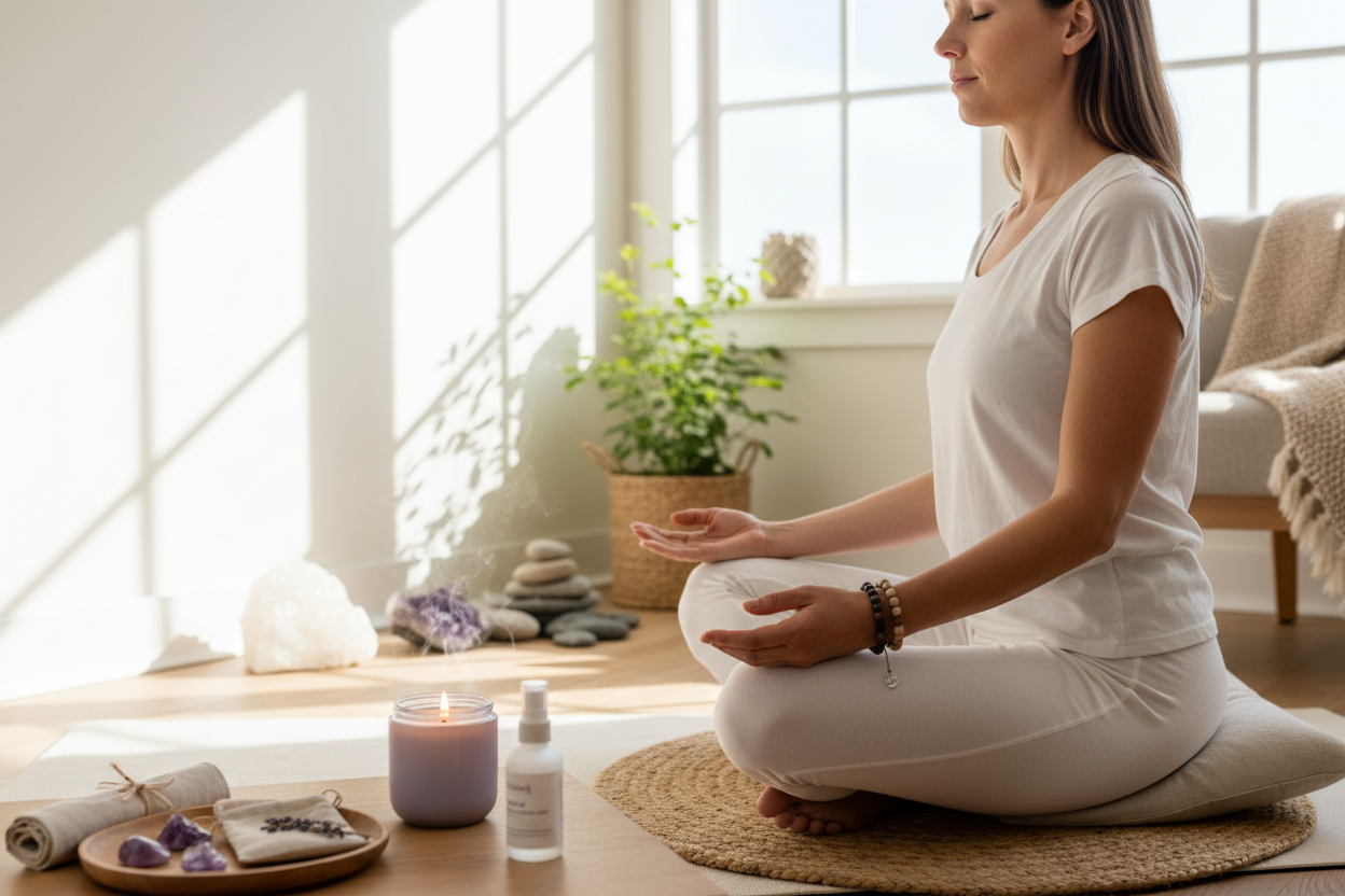 Personne méditant avec bracelet et bougie du coffret relaxation