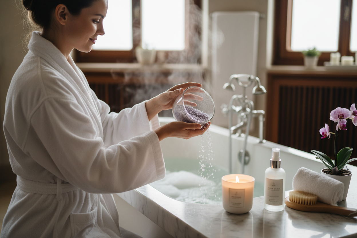 Personne préparant bain relaxant avec sels et bougie