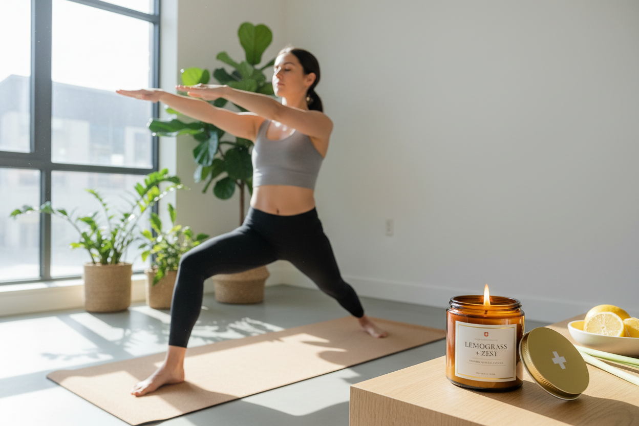 Personne pratiquant yoga avec bougie citronnelle énergisante