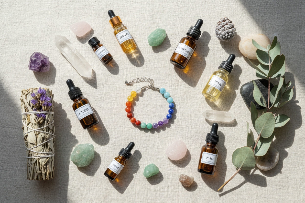 🌿💧 Composition flat lay rituel aromathérapie holistique avec bracelet chakras entouré de flacons huiles essentielles pures, cristaux naturels, bâton sauge purification et branches eucalyptus sur fond lin naturel neutre - Setup complet lithothérapie et aromathérapie pour cérémonial bien-être spirituel, éclairage naturel doux, esthétique spa-luxe premium éditorial pour pratique méditation consciente 🕯️